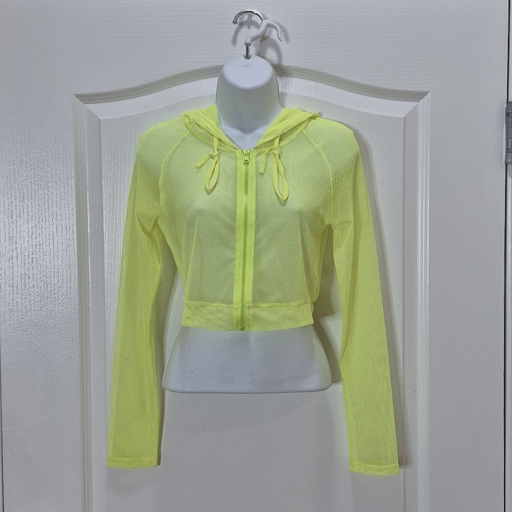 Neon Yellow Sheer Long Sleeve Crop Top Jacket Size Small